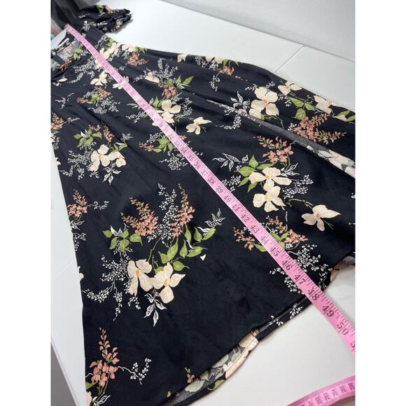 Reformation Luciana Black Floral Midi Dress Side Slit Puff Sleeve Flowy Romantic - Picture 9 of 9